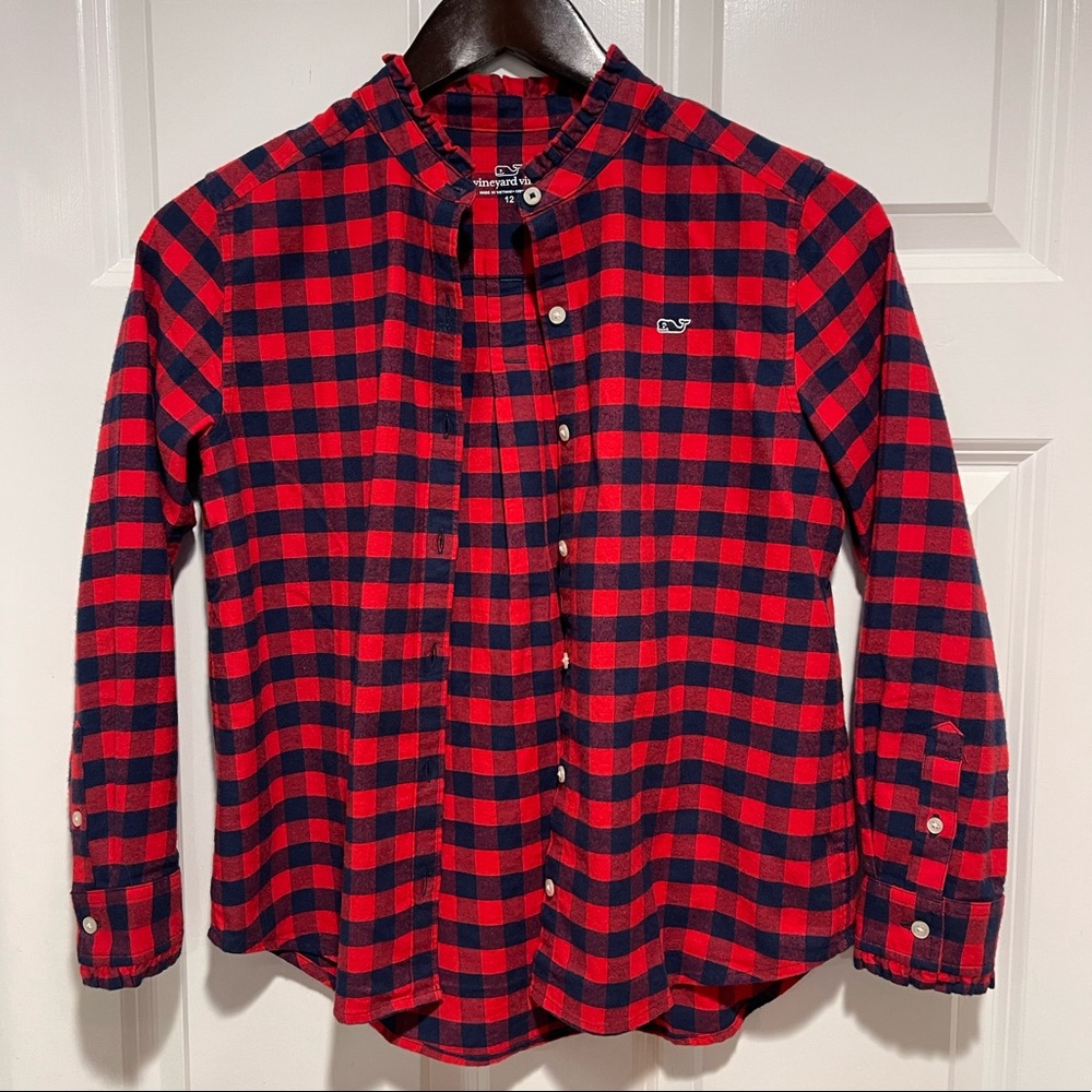 Girls Vineyard Vines Flannel Gingham Button Down Shirt.  Size 12. Red & Blue.